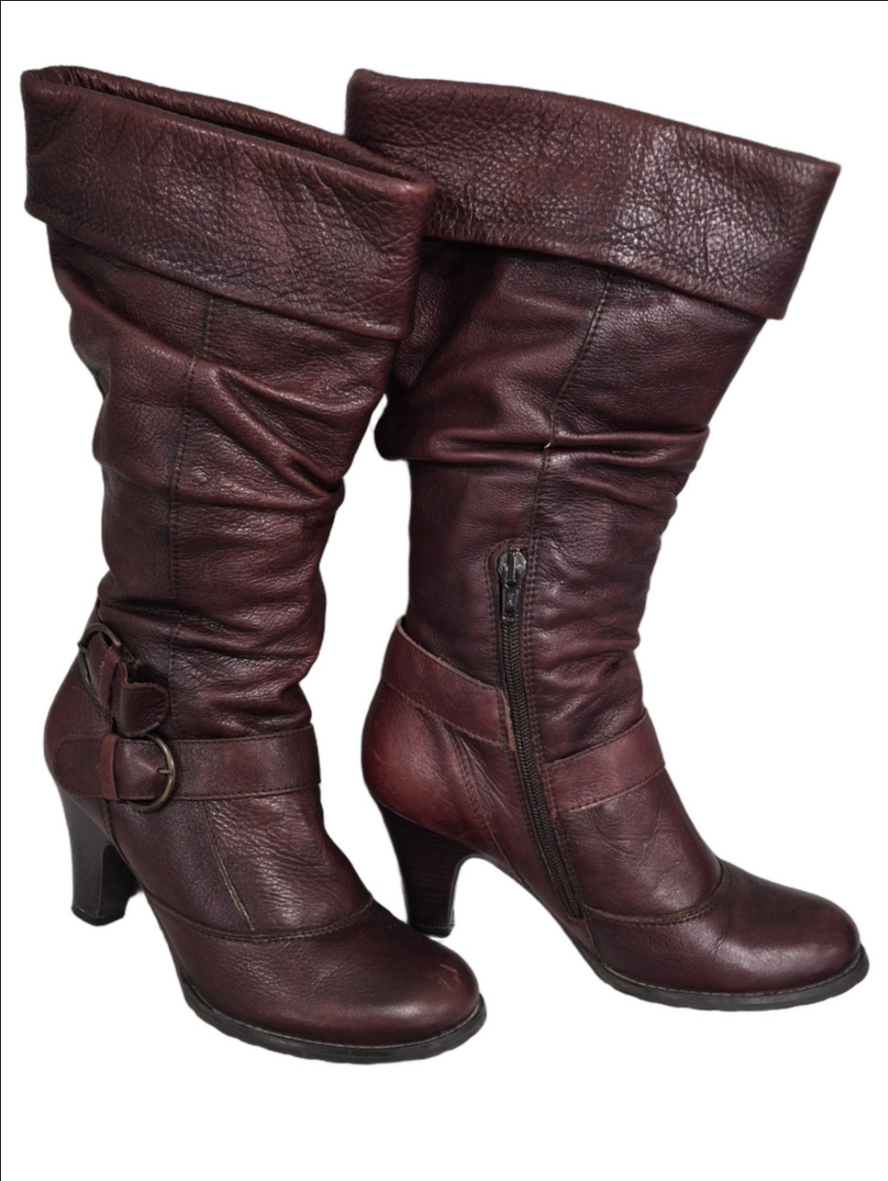 Brown Leather Slouch Mid-Calf Boots Double Ankle Strap Cone Heel Lug Sole Sz 7